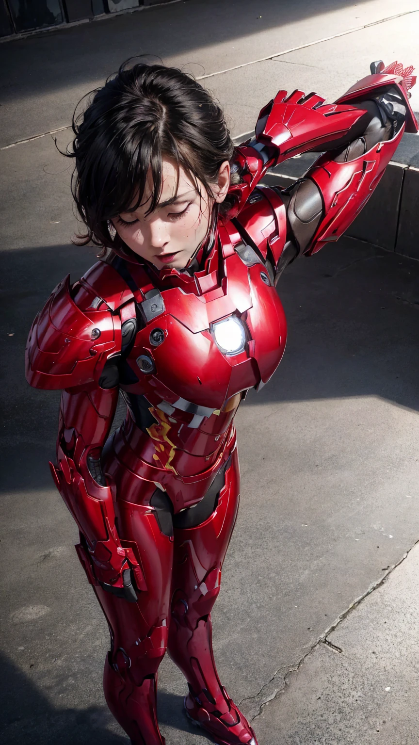 Highest quality 8k red armor Iron Man Suit Middle-aged women Sweaty face short hair Steam coming out of my head My hair is wet with sweat Black Hair ((Character Focus)) Full body portrait