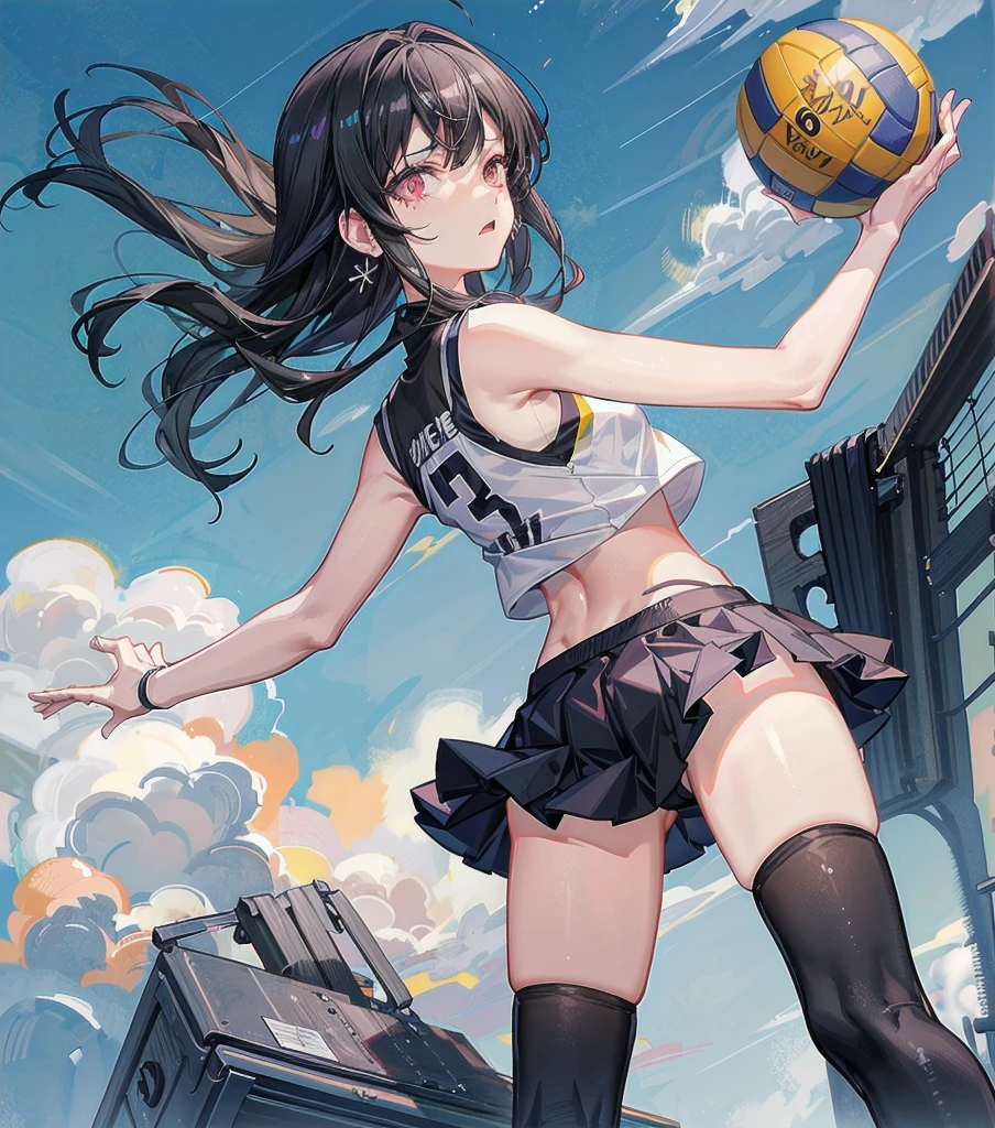 whole body, medium tits, medium hair, black hair, tearful mole, earring, volleyball uniform, midriff,