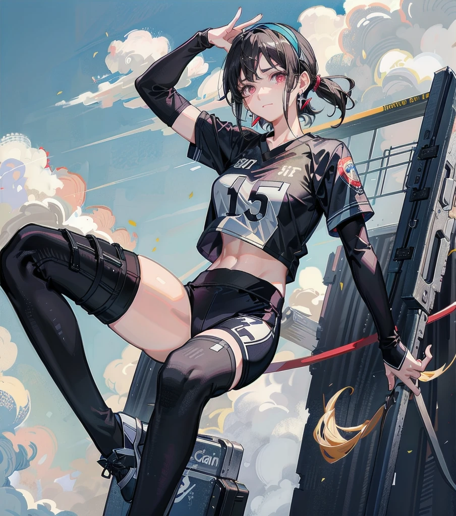 whole body, solo, alone, perfect anatomy, correct body, ideal ratio of body proportions, tearful mole, earring, medium hair, black hair, medium tits, volleyball Jersey, shorts, midriff,