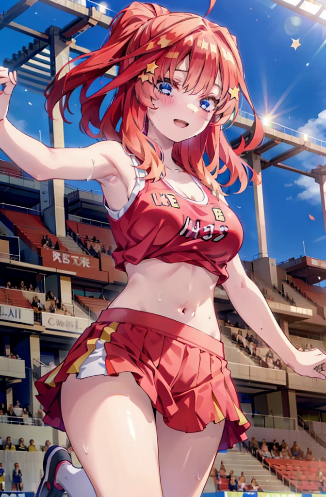 itsukinakano, Itsuki Nakano, bangs, blue eyes, hair between eyes, Ahoge, Redhead, star \(symbol\), happy smile, smile, Open your mouth,hair ornaments, star hair ornaments,(cheer leading), (whole body), Big Breasts, Lower, (Sweaty), Sweaty Wet Clothes (Red clothes), No sleeve,Belly button support, playground, (Jump), (Jump), 足を曲げてJumpする, air, blue sky, Grass原, smileのチアリーダー, Pom-pom \(cheer leading\), Grass, whole bodyがイラストに入るように,crowd, people々々,
break outdoors, Stadium,
break looking at viewer, whole body,
break (masterpiece:1.2), Highest quality, High resolution, unity 8k wallpaper, (shape:0.8), (Fine and beautiful eyes:1.6), Highly detailed face, Perfect lighting, Highly detailed CG, (Perfect hands, Perfect Anatomy),