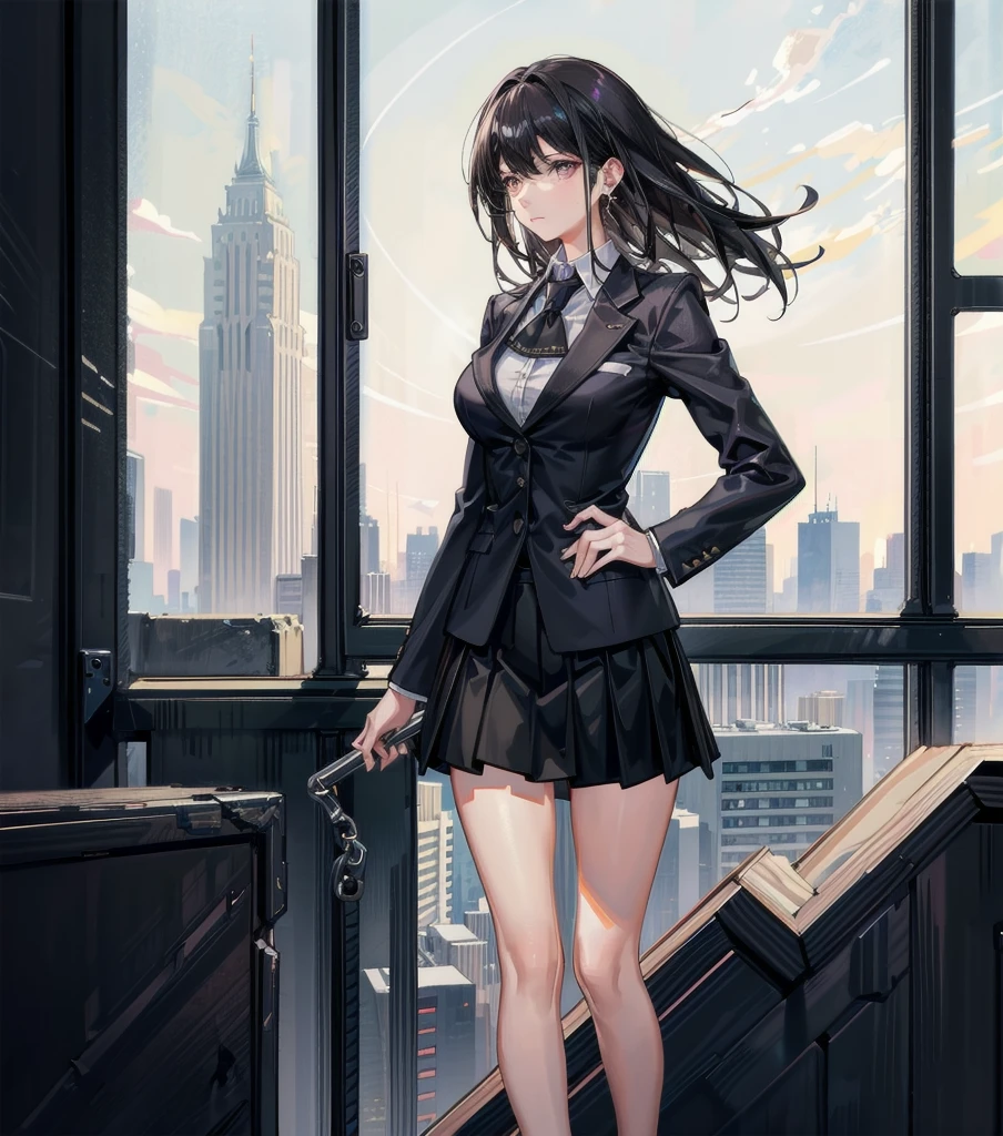 whole body, medium tits, medium hair, black hair, tearful mole, earring, business suit, blazer, blouse, short skirt, large windows overlooking a city skyline, natural wood tones,