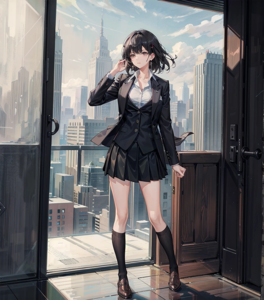 whole body, medium tits, medium hair, black hair, tearful mole, earring, business suit, blazer, blouse, short skirt, large windows overlooking a city skyline, natural wood tones,