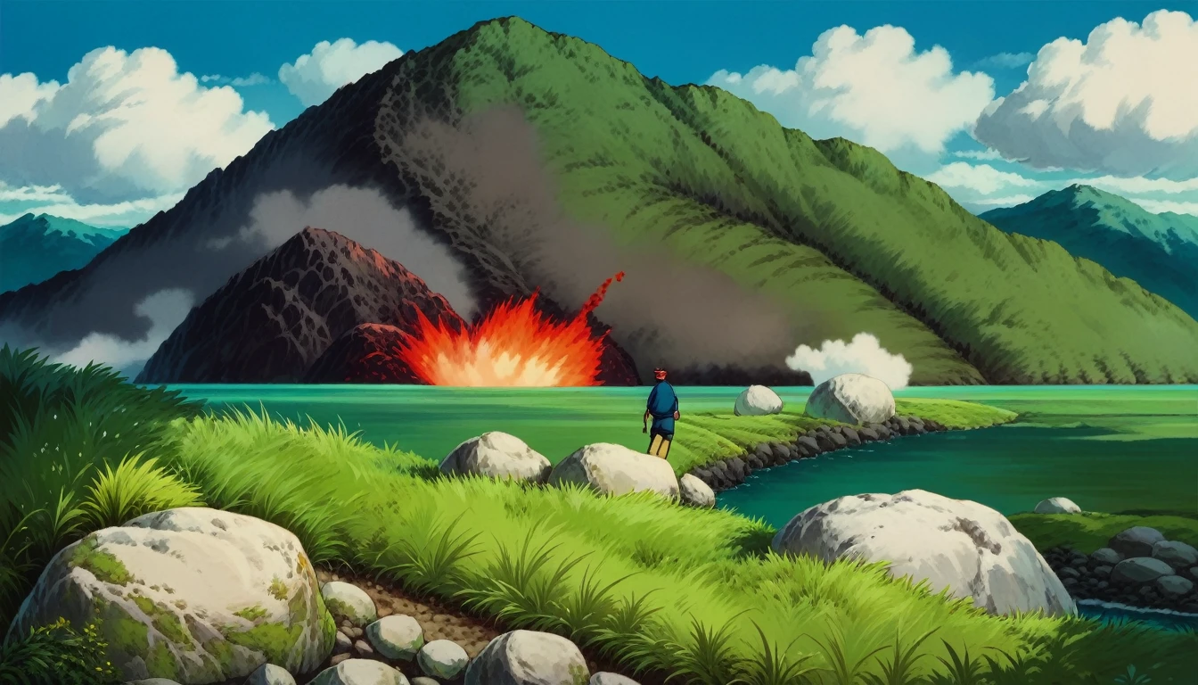 score_9, score_8_superior, score_7_superior, sauce_anime, PDXL, Ghibli Style, Outdoor, null, Day, cloud, blue null, Grass, nature, scenery, rock, volcano