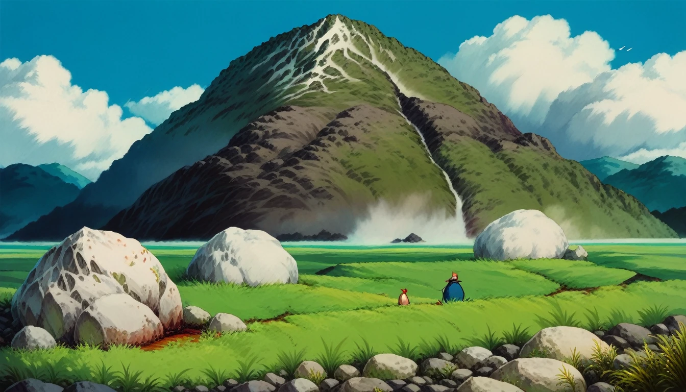 score_9, score_8_superior, score_7_superior, sauce_anime, PDXL, Ghibli Style, Outdoor, null, Day, cloud, blue null, Grass, nature, scenery, rock, volcano