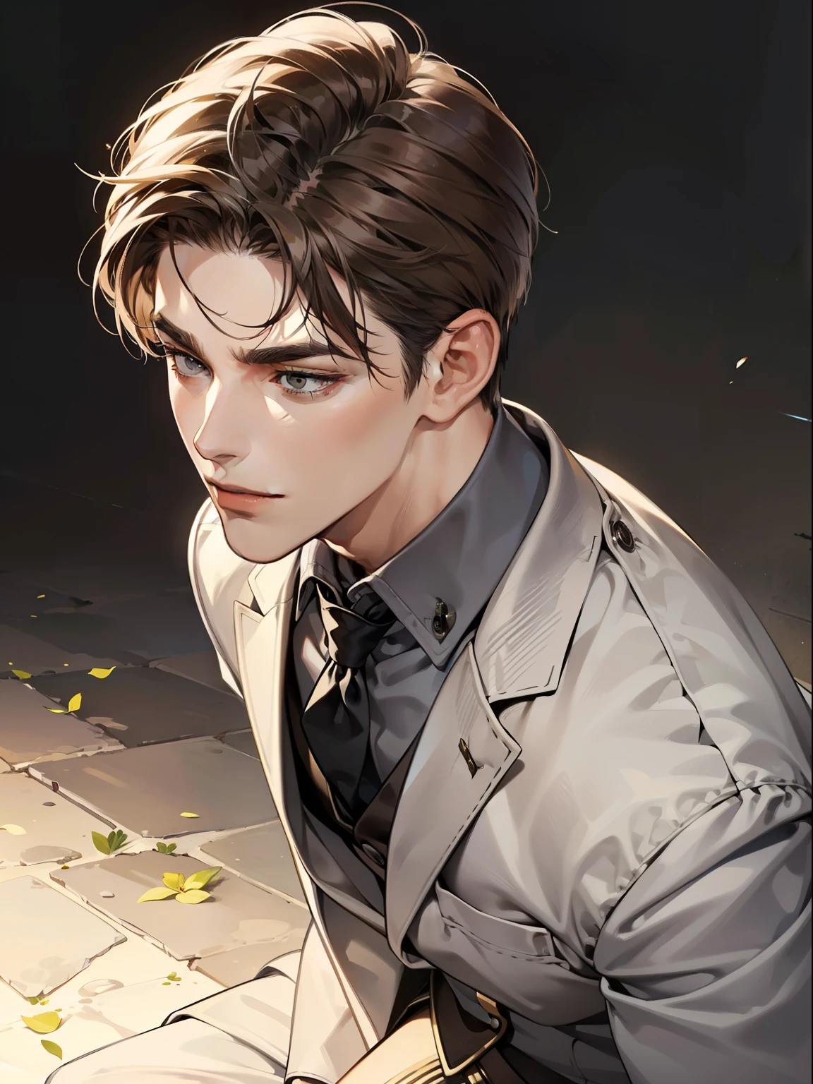 masterpiece, best quality, realistic, 1man, mature male, quiet and charming young man, 25 year old, serious look, closed mouth, portrait, extremely detailed face, cold smile, ((dark grey eyes)), ((short-right-swept dark brown hair)), [thick eyebrows], ((suit)), handsome, full body, western, Jewish, light brown skin,