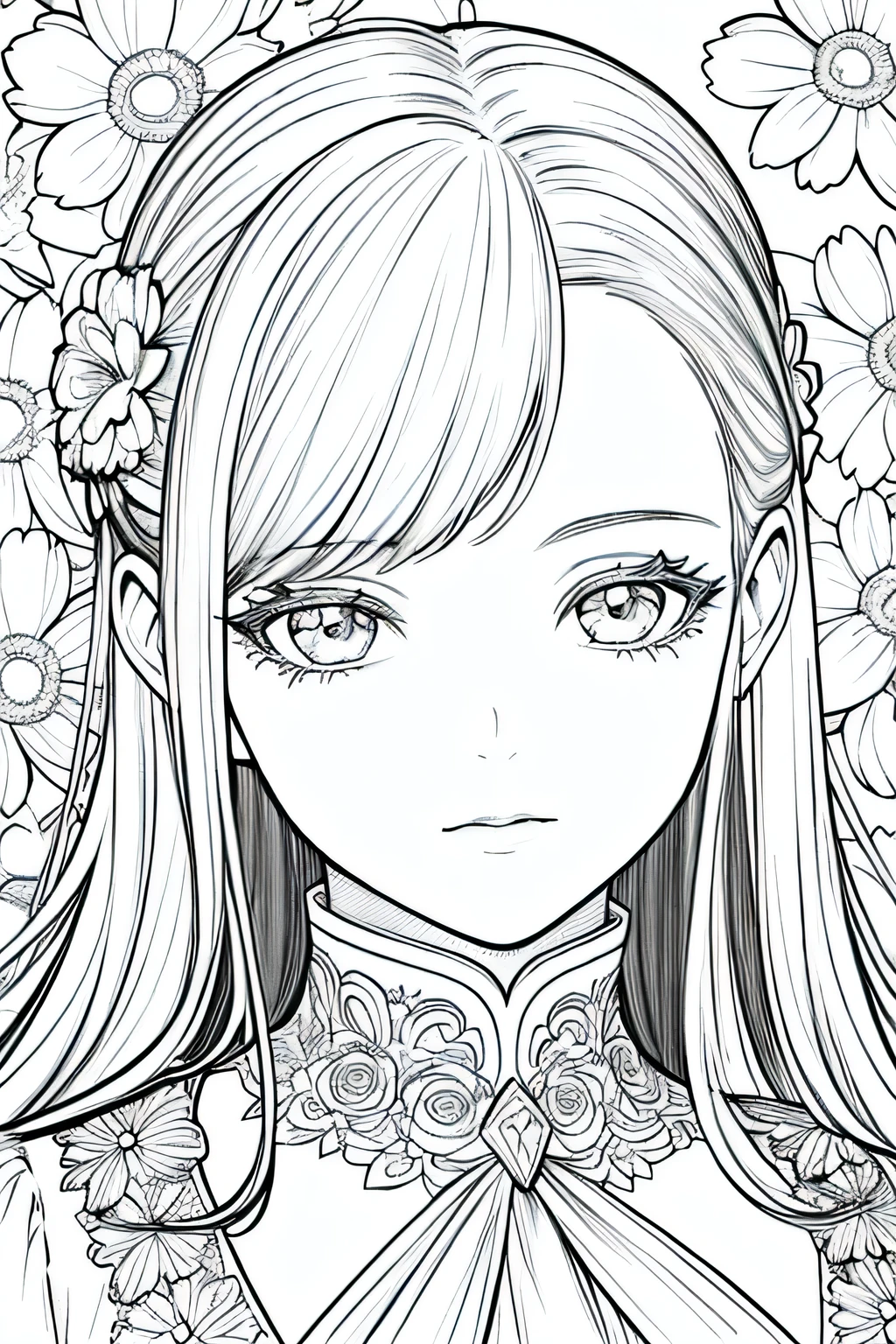best quality, high resolution, detailed background, high contrast, 1 girl, close-up of the head, floral background, clean line drawings, vibrant colors