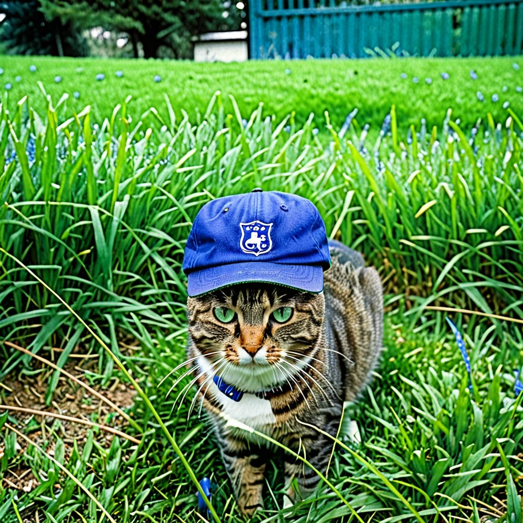 Photography of a cat with a blue cap, film grain, green grass landscape, F/8, ISO400, 85mm