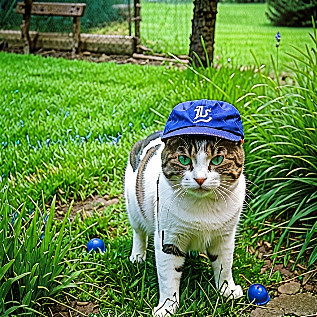 Photography of a cat with a blue cap, film grain, green grass landscape, F/8, ISO400, 85mm