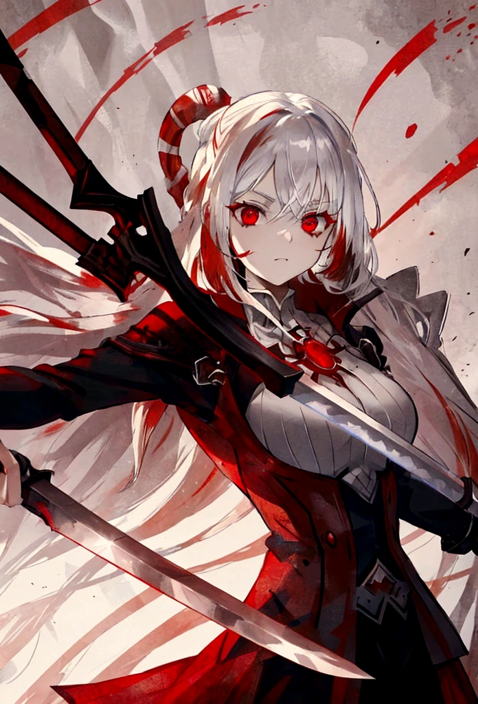 woman with white hair with red streaks, a neutral facial expression, detailed red eyes, holding a large red sword, in a dark place