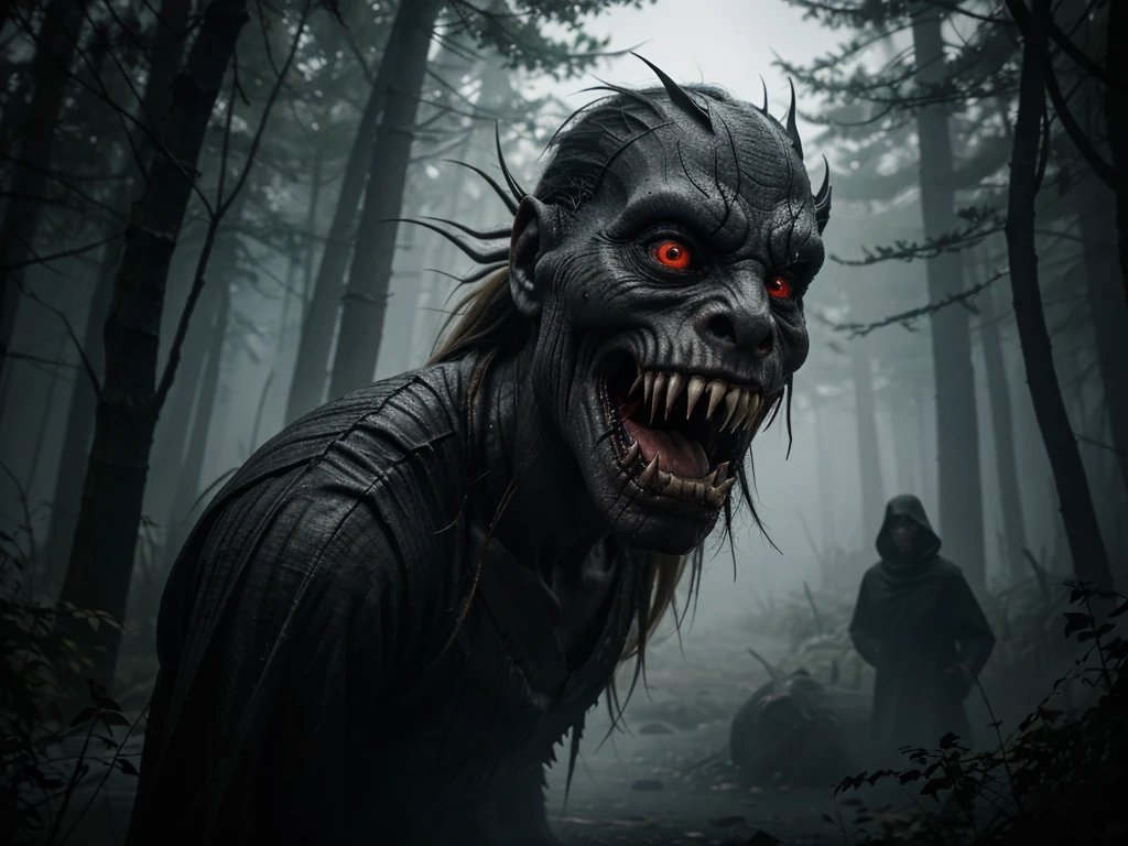 A realistic photo depicting a scary scene with two main characters. In the center of the image and in the foreground, there is a human figure with his back turned, apparently a . The has blonde hair and is wearing a jacket, but no further details can be made out due to the position he is in.
In the center and taking up most of the image, there is a monstrous creature staring at the . The creature has a ghostly and terrifying appearance, with pale, grayish skin. Its eyes are large, bright, and deep red, adding a sinister element to its gaze. The creature's mouth is open, displaying a series of sharp, pointed teeth. Its face is streaked with dark cracks, and it has an evil, menacing expression.
The monster has messy, upward-flowing hair, and its hands, located on either side of its face, have long, slender fingers, with sharp claws at the end. The creature appears to be emerging from a dark mist, adding a mysterious and chilling atmosphere to the scene. The overall image evokes a sense of terror and impending danger.