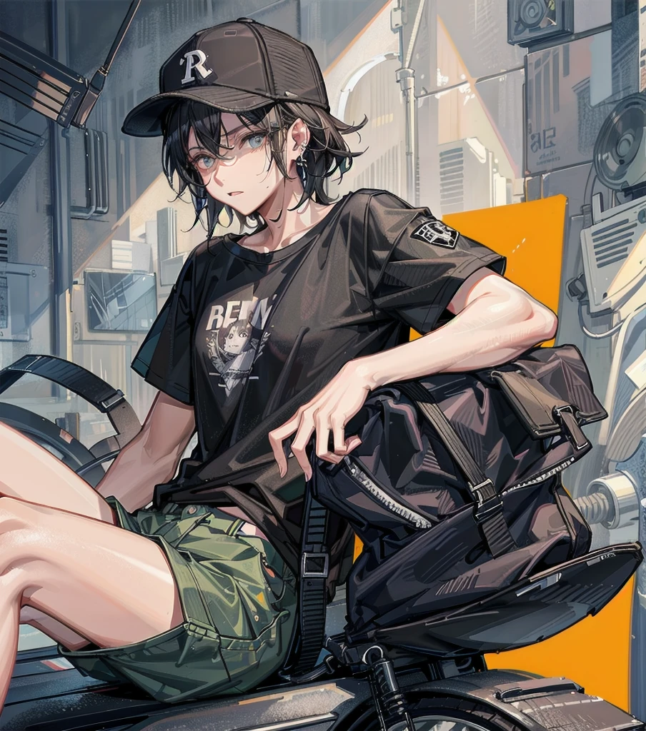 whole body, medium tits, medium hair, black hair, tearful mole, earring, baseball cap, black T-shirt, baggy cargo shorts,