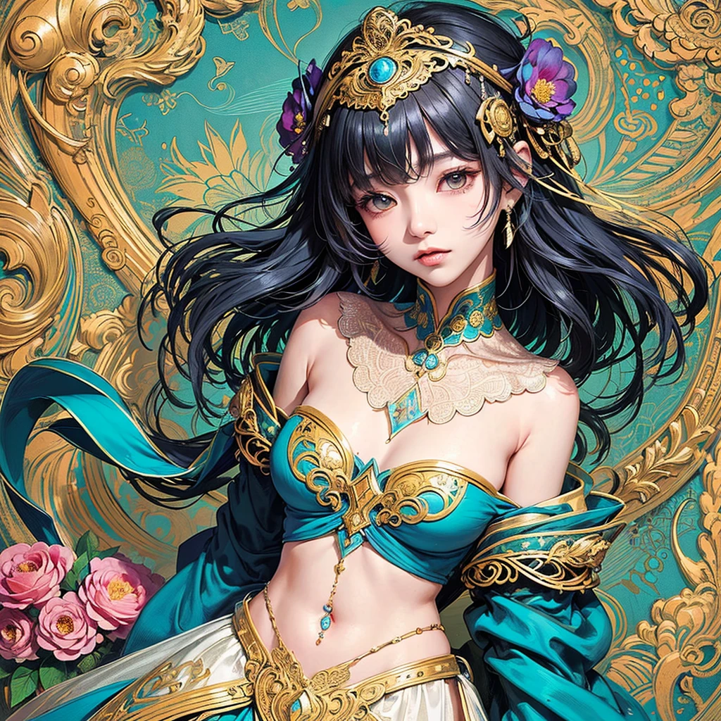 (8k 16k, RAW photo, best quality, masterpiece:1.1), (realistic, photo-realistic:1.37), ultra-detailed, 1girl, solo, upper body, blue hair, big ice blue eyes, realistically rendered, gazing at viewer, radiantly happy, beaming smile, masterpiece of visual art, created by Alphonse Mucha, digitally painted by Wlop,
(Dramatic Perspectives), f/ 1.8, (Expressionist Style), Emotive Art, (Popular on Behance) intricately designed outfit, sparkling jewels, grand necklace, oversized