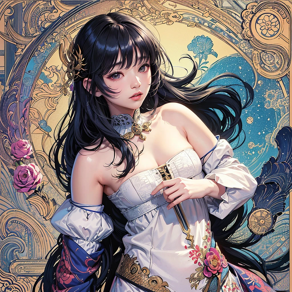 (masterpiece、top-quality、top-quality、Official art、Beautifully Aesthetic:1.2)、(1girl in:1.3)、ighly detailed、(Fractal Art:1.1)、(Color:1.1) (florals:1.3)、(Yuko Higuchi:1.4)、Yuko Higuchi、(Yaw:1.2)、(line-drawing)、line-drawing、Pen drawing、Zentangle、(Tattoo patterns:1.2)、(complex lines)、(masterpiece)、(top-quality:1.1)、(ultra-detailliert)、The best illustrations、finely detail、hand-drawn high quality、highly contrast、(Clean lines:1.3)、ligne claire、(portlate)、(very closeup:1.1)、1 girl in、Colorful long hair、solo、Sexy bumps on the chest、Colorful backgrounds、(intricate-detail:1.3)、(detailedbackground:1.2)、(coloured background:1.1)、Sketched、intricate-detail、hight resolution
