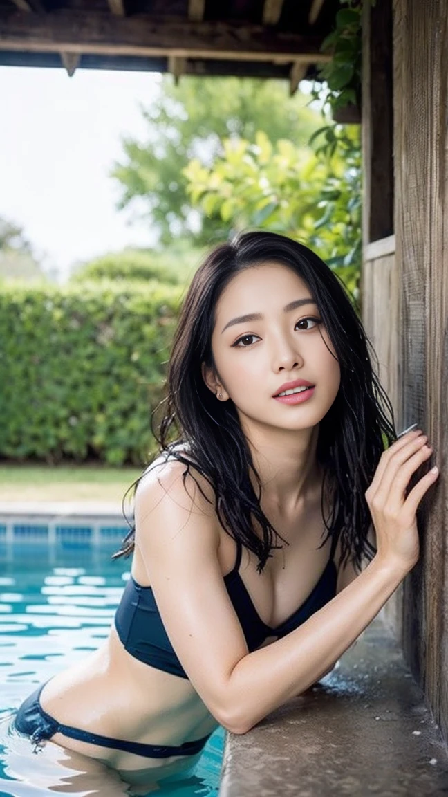 Dark brown hair、Light brown eyes、The Face of Japan、 Lady、I am about 40 years old....1 person、(Intricate details:1.2)、 (Ultra-high resolution:1.2)、Ultra-high resolution、(Finely tuned)、8k resolution、D cup size breasts、Long Hair、masterpiece，highest quality、Pool、Poolの中で泳ぐ、Beautiful legs、Beautiful Valley、one piece、Wet Hair、Wet Skin、A cropped T-shirt made of thin fabric that looks see-through、Bikini Shorts、The silhouette of the body is visible through the T-shirt、Wet T-shirt、Raise your hands、Sleeping face down、