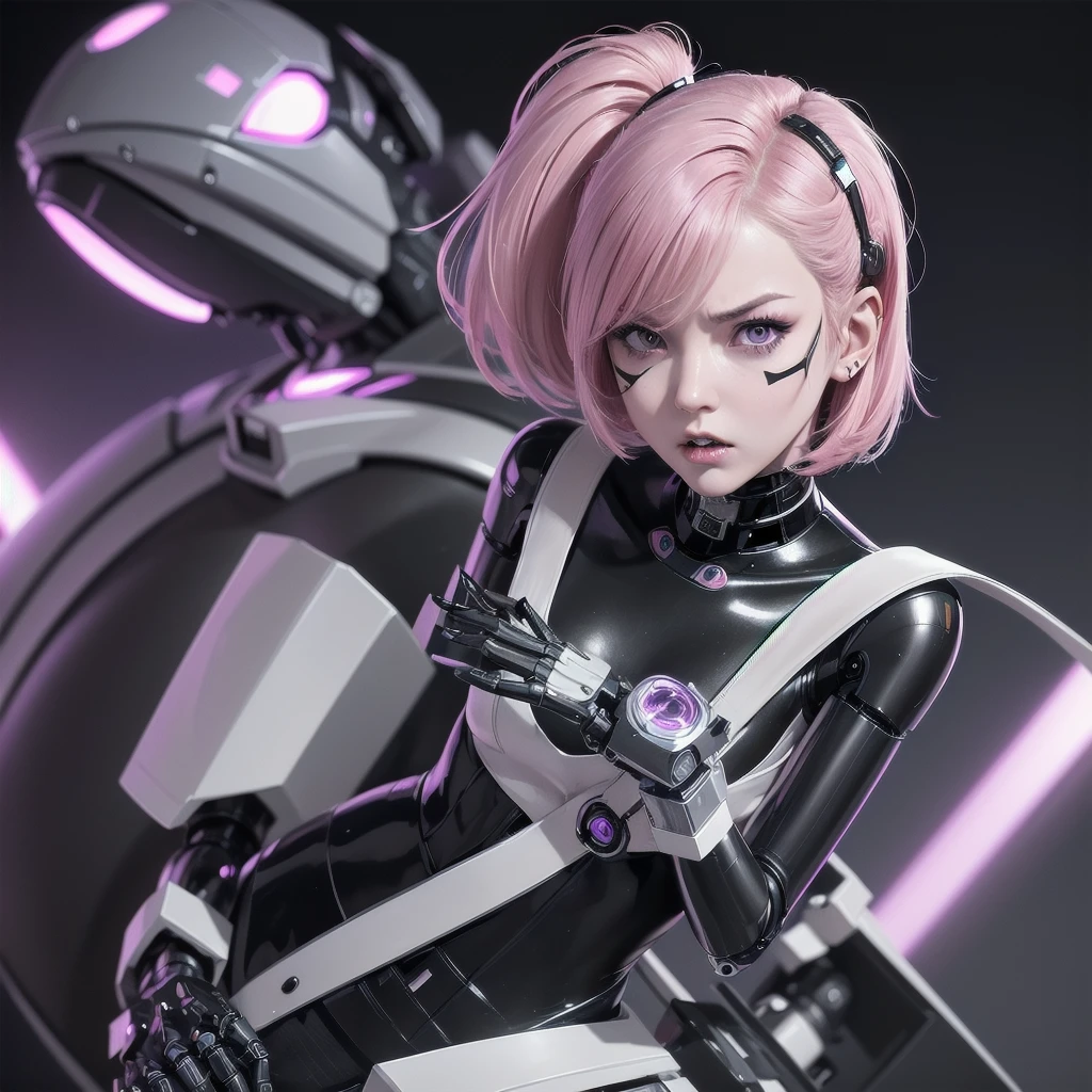 a girl with a sleek and attractive robotic body, featuring high-tech components. She has short pink hair, purple eyes, and an angry expression. She is wearing a robot mask that partially obscures her face, with her polished mechanical limbs and torso emphasizing her allure despite her intense emotions. wearing robot face mask