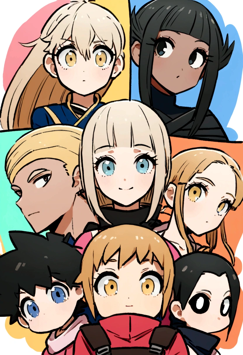 Selfie de 4 personas en una cascadas: chica ninja peliroja con flequillo y ojos azules, un chico ninja de pelo azul largo y ojos negros de piel clara, una chica ninja de pelo negro con ojos morados, and a light brown haired ninja boy