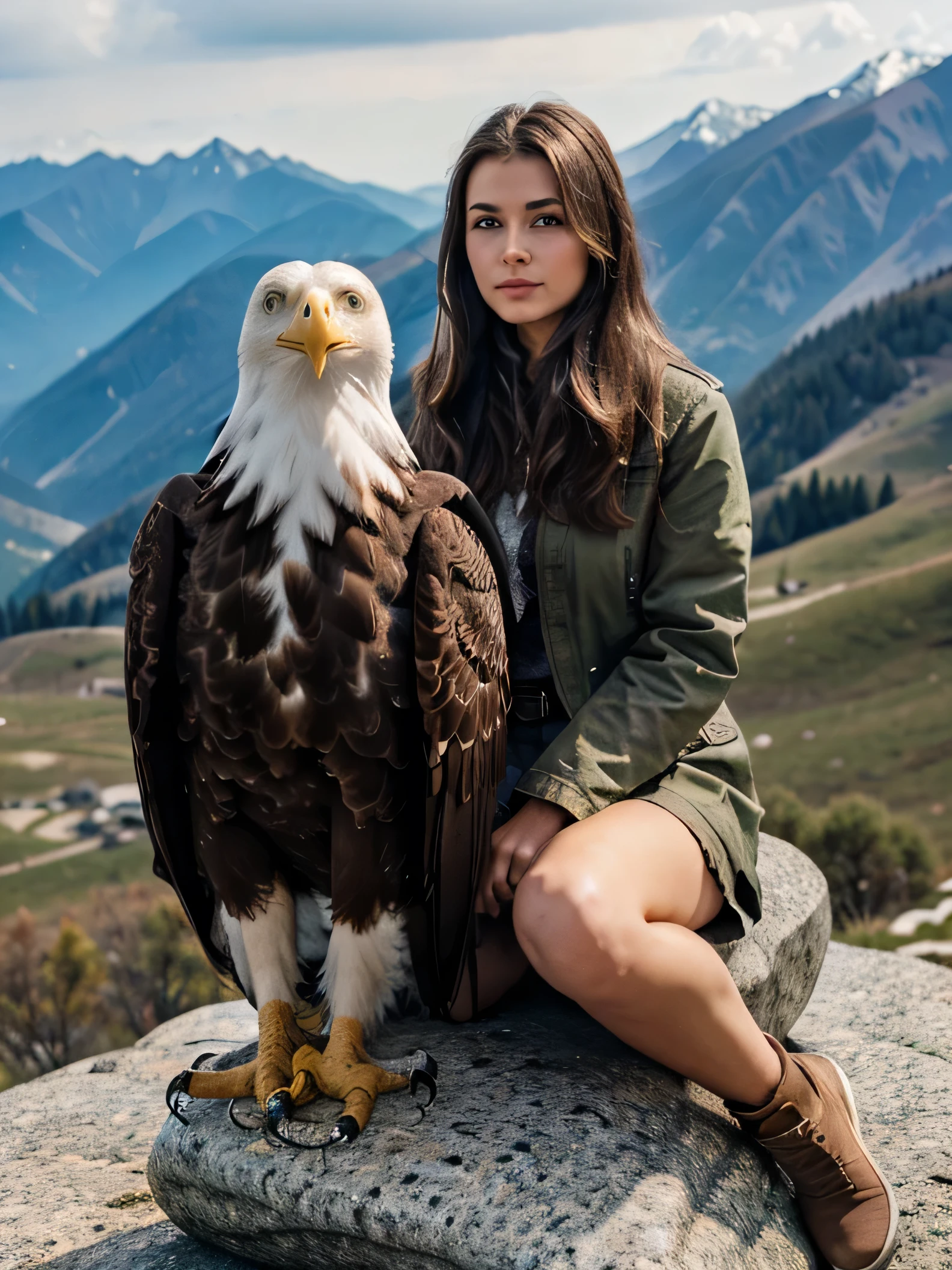 highest quality, epic realistic, ((a very beautiful Caucasian Girl with an adult eagle bird sitting on a stone beside her)), in the mountains, Long Dark Brunette, in the mountains,