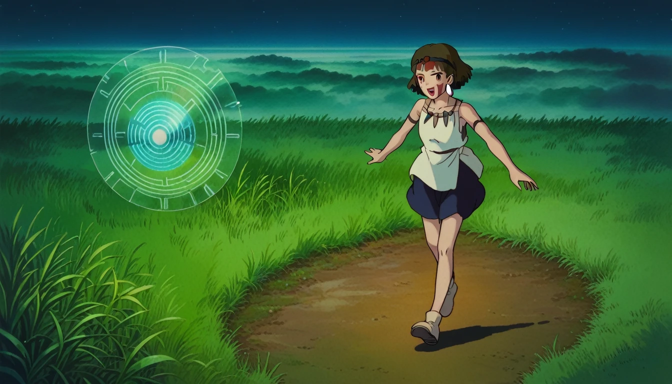 score_9, score_8_superior, score_7_superior, PDXL, Ghibli Style, One girl, alone, View your viewers, short hair, Open your mouth, Brown Hair, Brown eyes, jewelry, Earrings, necklace, Bare arms, night, head band, Facial blemishes, Grass, Face Paint　holo,1girl,Floating body, solo,loli3,best quality, ultra detailed, highres, 4k, extremely detailed CG, detailed skin,photo background photo \(object\),The holographic figurine of the girl, delicately placed on the table, seems to hover effortlessly in the air, (almost ethereal in its transparency:1.2). Soft, faint shadows dance around her, accentuating the illusion of weightlessness. The hologram emits a subtle, otherworldly glow, reflecting and refracting light in mesmerizing patterns. In front of her, barely perceptible ripples create a sense of depth, enhancing the ethereal quality of the hologram. Despite its transparency, the hologram retains a lifelike quality, evoking a sense of wonder and magic,transparentbody,(Invisible body:1.2),(permeation through the human body:1.2),Blue hologram,(Translucent Blue hologram body:1.2), 