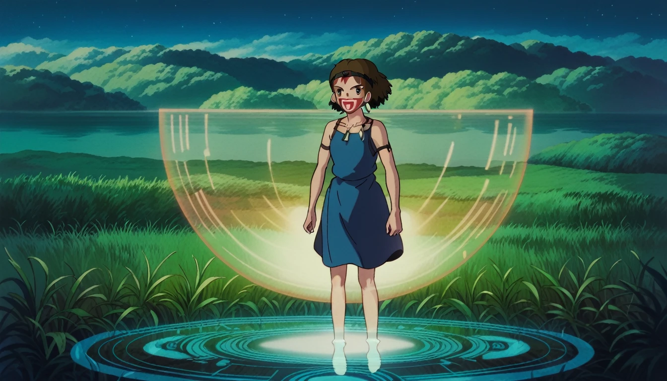 score_9, score_8_superior, score_7_superior, PDXL, Ghibli Style, One girl, alone, View your viewers, short hair, Open your mouth, Brown Hair, Brown eyes, jewelry, Earrings, necklace, Bare arms, night, head band, Facial blemishes, Grass, Face Paint　holo,1girl,Floating body, solo,3,best quality, ultra detailed, highres, 4k, extremely detailed CG, detailed skin,photo background photo \(object\),The holographic figurine of the girl, delicately placed on the table, seems to hover effortlessly in the air, (almost ethereal in its transparency:1.2). Soft, faint shadows dance around her, accentuating the illusion of weightlessness. The hologram emits a subtle, otherworldly glow, reflecting and refracting light in mesmerizing patterns. In front of her, barely perceptible ripples create a sense of depth, enhancing the ethereal quality of the hologram. Despite its transparency, the hologram retains a lifelike quality, evoking a sense of wonder and magic,transparentbody,(Invisible body:1.2),(permeation through the human body:1.2),Blue hologram,(Translucent Blue hologram body:1.2), 