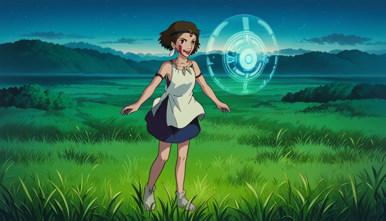 score_9, score_8_superior, score_7_superior, PDXL, Ghibli Style, One girl, alone, View your viewers, short hair, Open your mouth, Brown Hair, Brown eyes, jewelry, Earrings, necklace, Bare arms, night, head band, Facial blemishes, Grass, Face Paint　holo,1girl,Floating body, solo,loli3,best quality, ultra detailed, highres, 4k, extremely detailed CG, detailed skin,photo background photo \(object\),The holographic figurine of the girl, delicately placed on the table, seems to hover effortlessly in the air, (almost ethereal in its transparency:1.2). Soft, faint shadows dance around her, accentuating the illusion of weightlessness. The hologram emits a subtle, otherworldly glow, reflecting and refracting light in mesmerizing patterns. In front of her, barely perceptible ripples create a sense of depth, enhancing the ethereal quality of the hologram. Despite its transparency, the hologram retains a lifelike quality, evoking a sense of wonder and magic,transparentbody,(Invisible body:1.2),(permeation through the human body:1.2),Blue hologram,(Translucent Blue hologram body:1.2), 