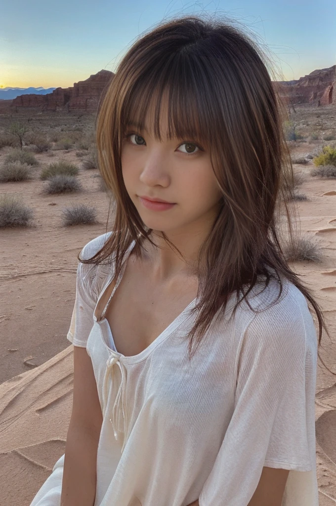 ((Highest quality)),((masterpiece)),((so beautiful)), Unique light and shadow, One Girl, Messy Hair, Realistic skin texture, rugged desert, Cactus, Feminine pose
