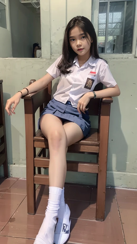 Indonesian face girl, wear skirt, Girl sitting on chair, open crossing leg, seeing panties on skirt, visible white panties