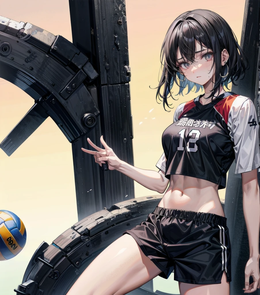 whole body, medium tits, medium hair, black hair, tearful mole, earring, volleyball uniform, midriff,