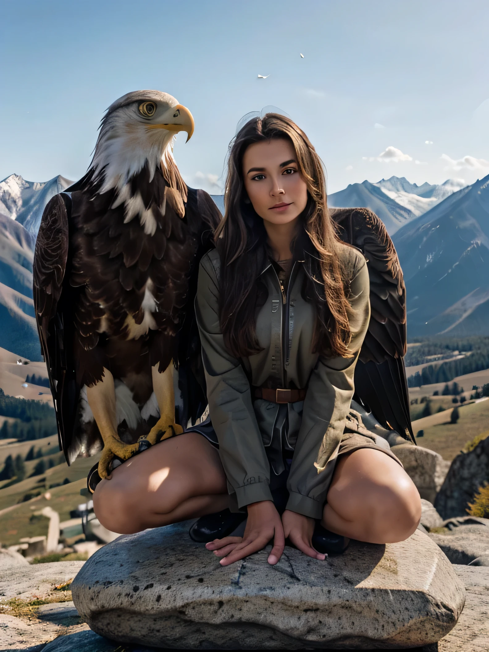 highest quality, epic realistic, ((a very beautiful Caucasian Girl with an adult eagle bird sitting on a stone beside her)), in the mountains, Long Dark Brunette, in the mountains,