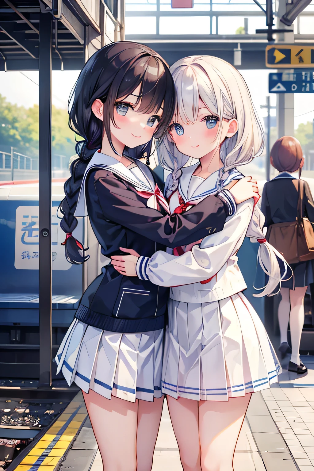 Highest quality、High resolution、Detailed Background、(Beautiful face in every detail:1.4)、Anatomically correct、(Hide your fingers:1.2)、(Detailed facial expressions)、(Detailed eyes:1.2)、 beauty、cute hair color、Braided Ponytail、Braided bob cut、Braided twin tails、Long Hair、well-groomed eyebrows、Perfect body line、Short-sleeved white sailor suit、White sailor collar、Checkered pleated mini skirt、White Stockings、In a joking manner、A fun atmosphere、A big smile、smile、Embrace each other、Cute gestures、(Two beautiful girls waiting for a train on the station platform)、cute