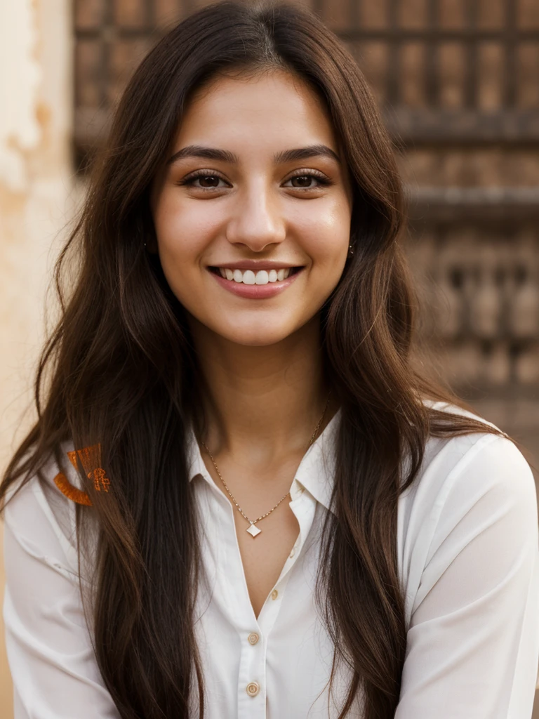 24YO, one half Russian half Jordanian women, cute smile, white teethes, long burnt orange shirt, light brown eyes, small nose, black/brown long hair
