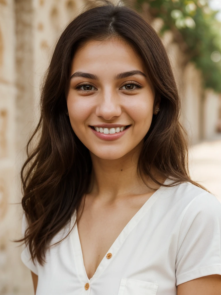 24YO, one half Russian half Jordanian women, cute smile, white teethes, long burnt orange shirt, light brown eyes, small nose, black/brown long hair