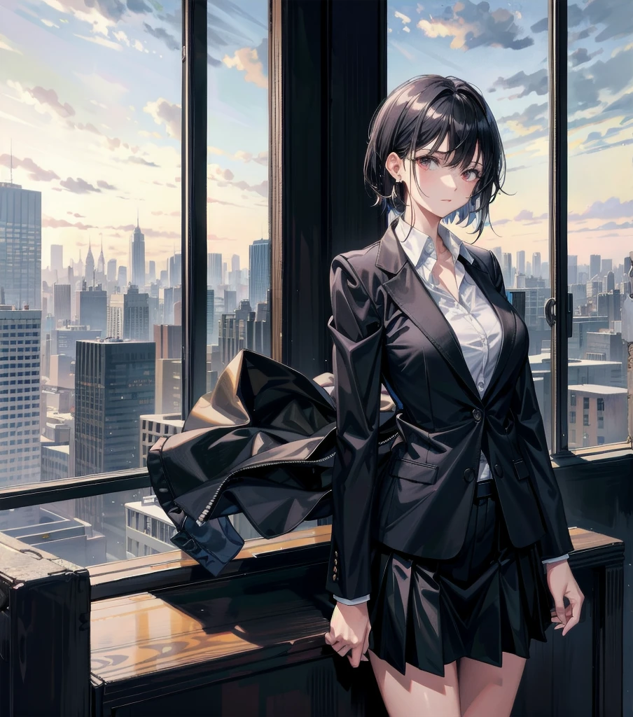 whole body, medium tits, medium hair, black hair, tearful mole, earring, business suit, blazer, blouse, short skirt, large windows overlooking a city skyline, natural wood tones,