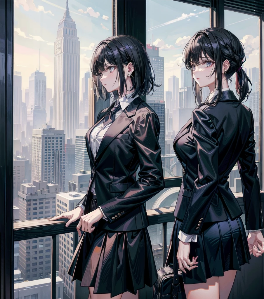 whole body, medium tits, medium hair, black hair, tearful mole, earring, business suit, blazer, blouse, short skirt, large windows overlooking a city skyline, natural wood tones,