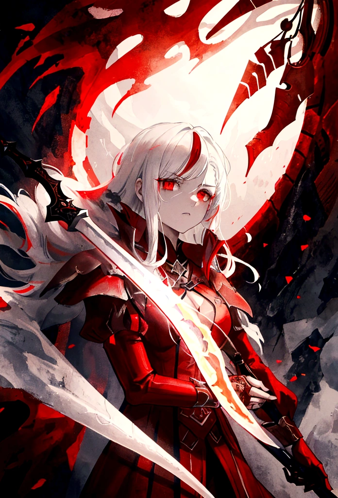 a woman with white hair with red streaks, a neutral facial expression, detailed red eyes, holding a large red sword, in a dark place, detailed facial features, dramatic lighting, moody atmosphere, cinematic composition, high contrast, digital painting, fantasy, dark fantasy, dramatic, mystical