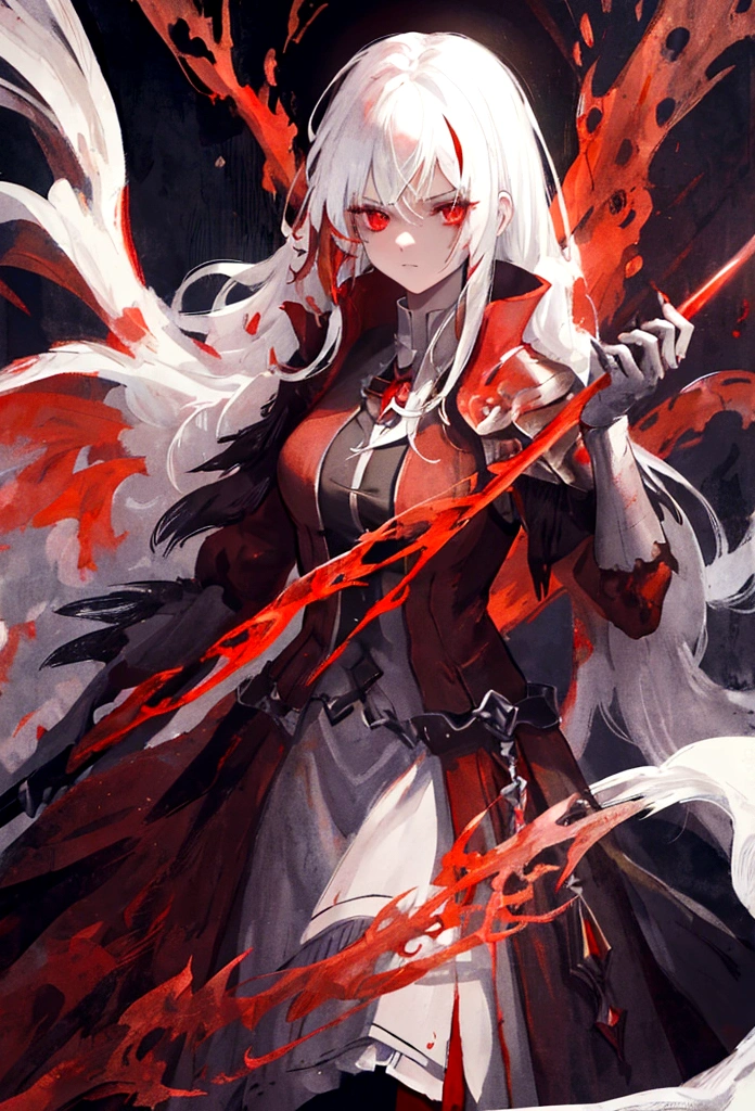 a woman with white hair with red streaks, a neutral facial expression, detailed red eyes, holding a large red sword, in a dark place, detailed facial features, dramatic lighting, moody atmosphere, cinematic composition, high contrast, digital painting, fantasy, dark fantasy, dramatic, mystical