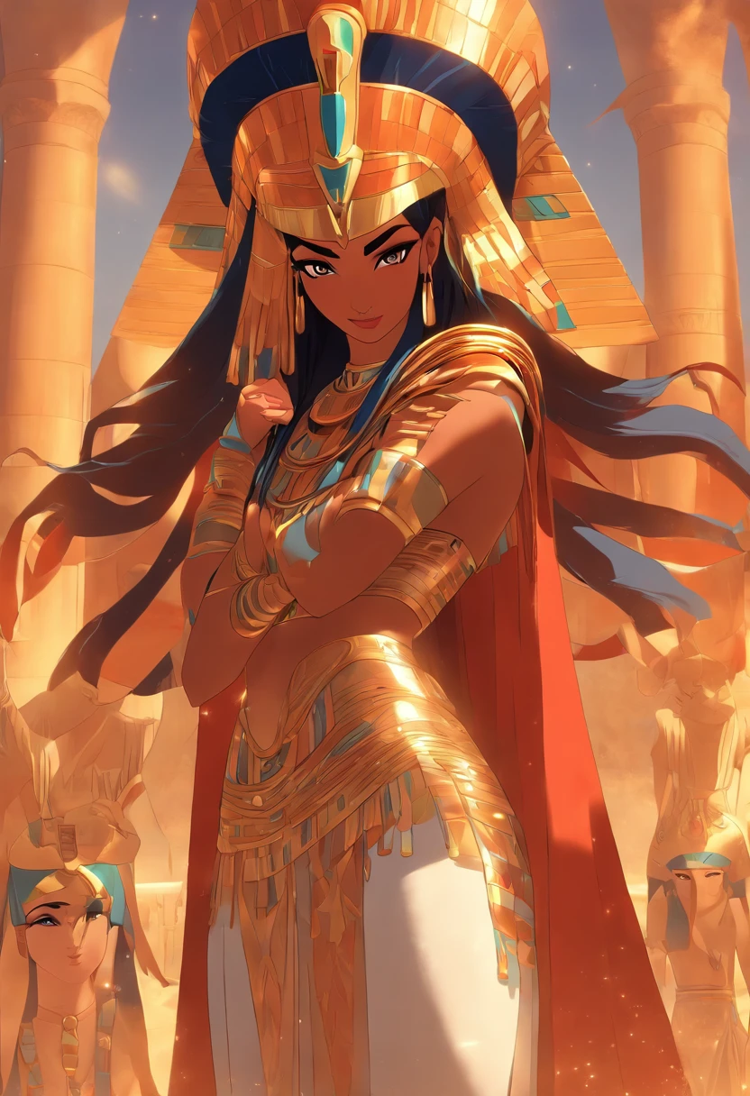 (((HATHOR))) best quality, ultra-high resolution, 4K detailed CG, master piece, woman, Goddess of heaven, Egyptian clothing, EGYPTIAN mythology, desert, horn, aesthetics, ((full body)), standing, Beautiful image, centered