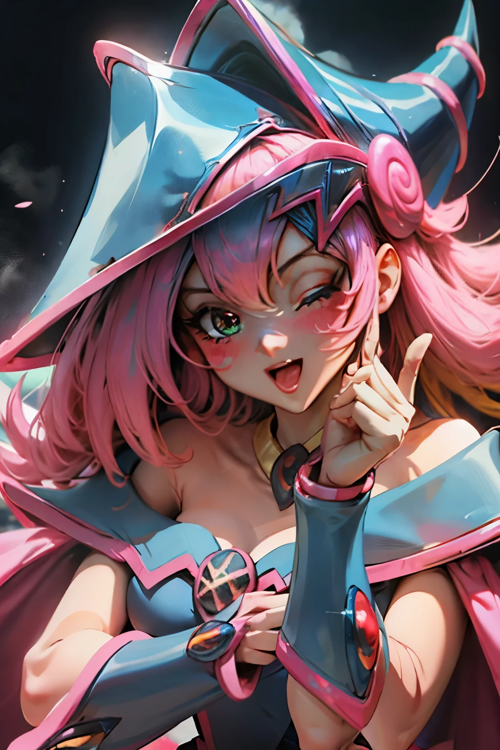 Hermoso rostro de dark magician gils, ojos azules. Labios rosados. Cabello rubio y largo. Ombros descubiertos, sonrisa angelical, hermoso rostro bien detallados de dark magician gils.