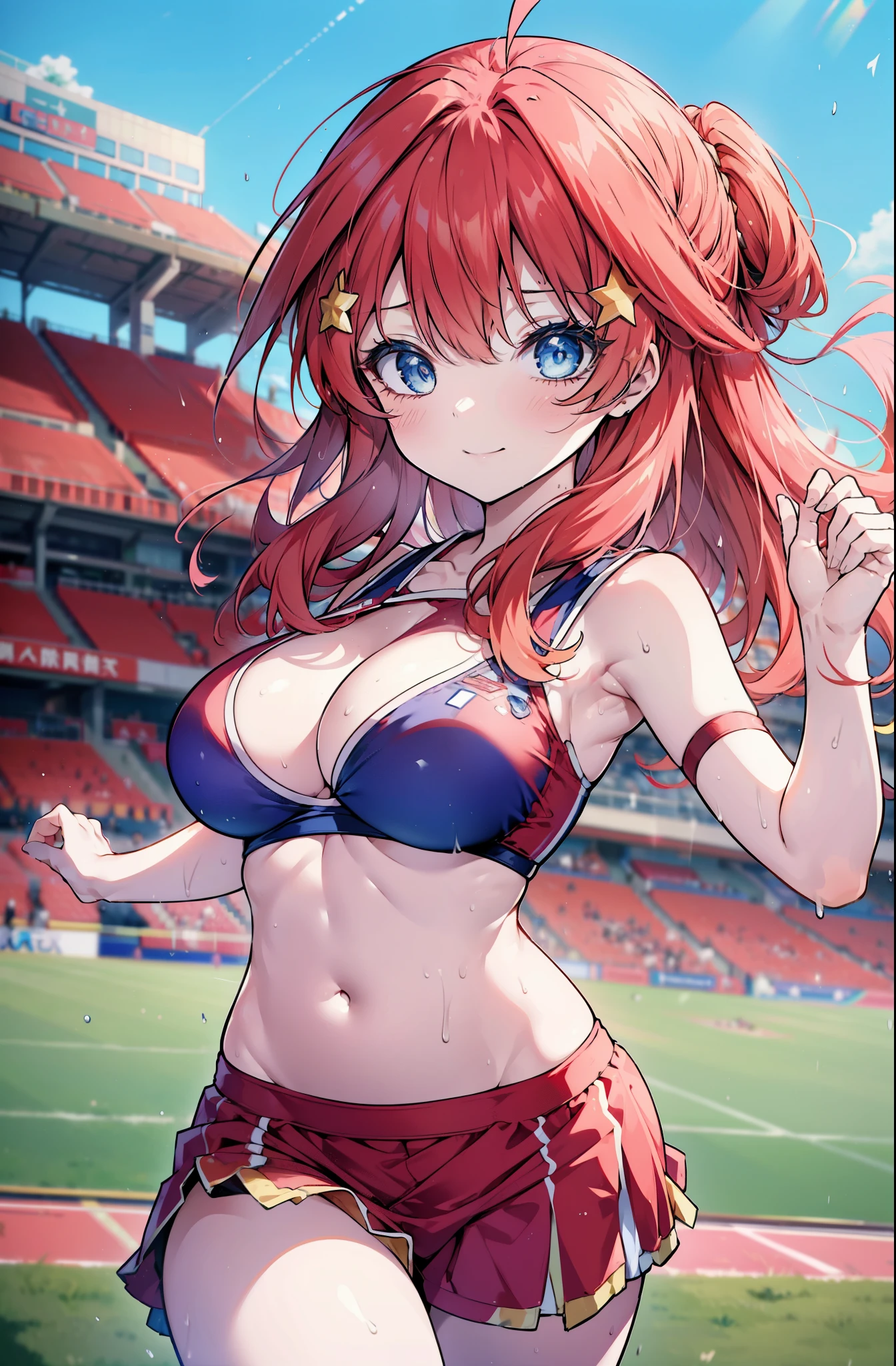 itsukinakano, Itsuki Nakano, bangs, blue eyes, hair between eyes, Ahoge, Redhead, star \(symbol\), happy smile, smile, Open your mouth,hair ornaments, star hair ornaments,(cheer leading), (whole body), Big Breasts, Lower, (Sweaty), Sweaty Wet Clothes (Red clothes), No sleeve,Belly button support, playground, (Jump), (Jump), 足を曲げてJumpする, air, blue sky, Grass原, smileのチアリーダー, Pom-pom \(cheer leading\), Grass, whole bodyがイラストに入るように,crowd, people々々,
break outdoors, Stadium,
break looking at viewer, whole body,
break (masterpiece:1.2), Highest quality, High resolution, unity 8k wallpaper, (shape:0.8), (Fine and beautiful eyes:1.6), Highly detailed face, Perfect lighting, Highly detailed CG, (Perfect hands, Perfect Anatomy),