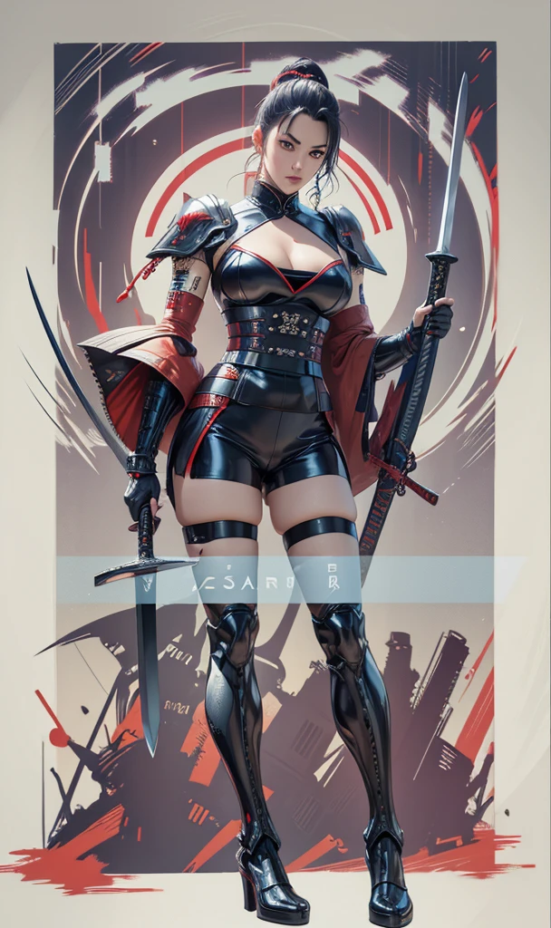 (high-res, vivid colors),araffe dressed in a black suit holding a sword and a sword, cyborg samurai, cyber japan samurai armor, cyberpunk samurai, very beautiful cyberpunk samurai, full samurai armor spiderman, bio - mechanical ninja samurai, portrait of a cyberpunk samurai, cyber japan style armor, cyber japan armor, celtic and cyberpunk armor, black bull samurai, intricate assasin mecha armor