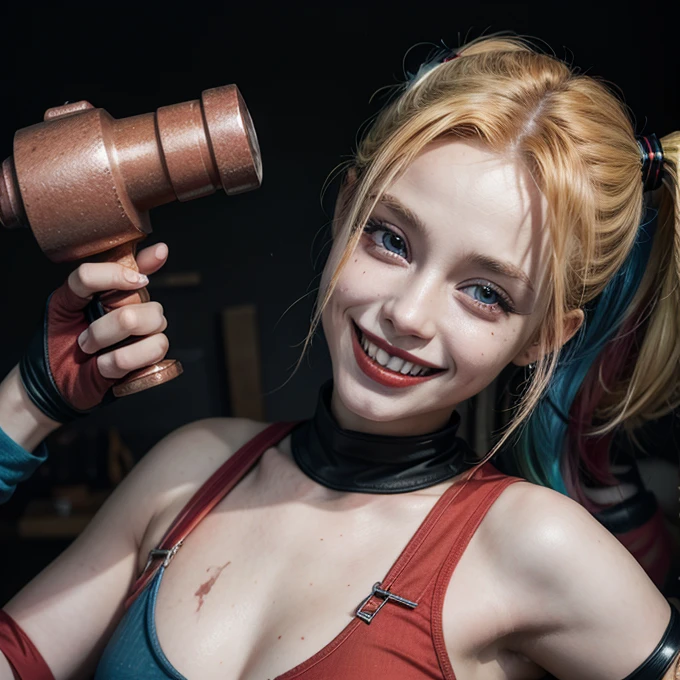 Harley quinn, smiling, holding a hammer