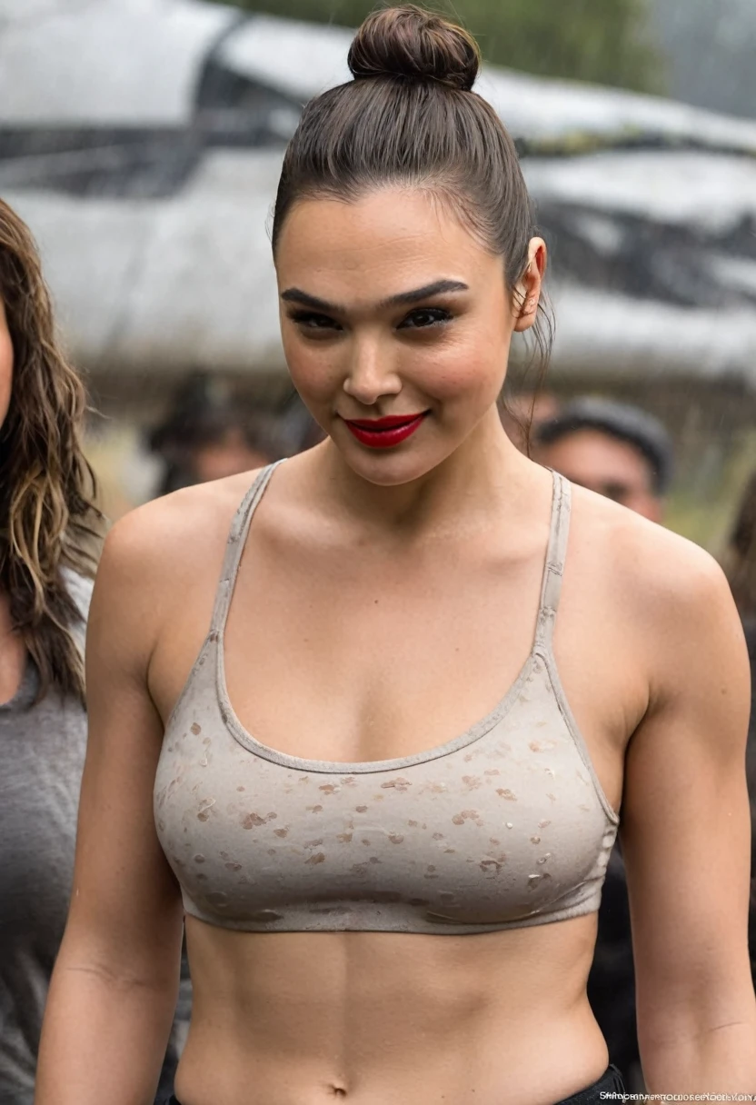  high quality  Erotic shot of GalGadot as Hailee Steinfeld (hail33 woman, long brown hair, long brown hair pulled back, hair bun, smiling, lipstick,eyeshadow ) , cute smile, movie  still , extremely long straight hair :1.5, The Walking Dead Series , she is wearing a transparent  sweaty tank top , extremely wet hair ,standing , tanned skin , tight breast, erect nipples , cool wet apocalyptic area background , abs on belly, strong fit arms,  , celebrity, female,  woman, hollywood actress, random angle, erotic angles, random move, random action ,huge chest, deep cleavage ,seductive, tired woman, slight smile , fit muscular woman  ,  depth of field, insanely detailed skin texture, hyper detailed features 