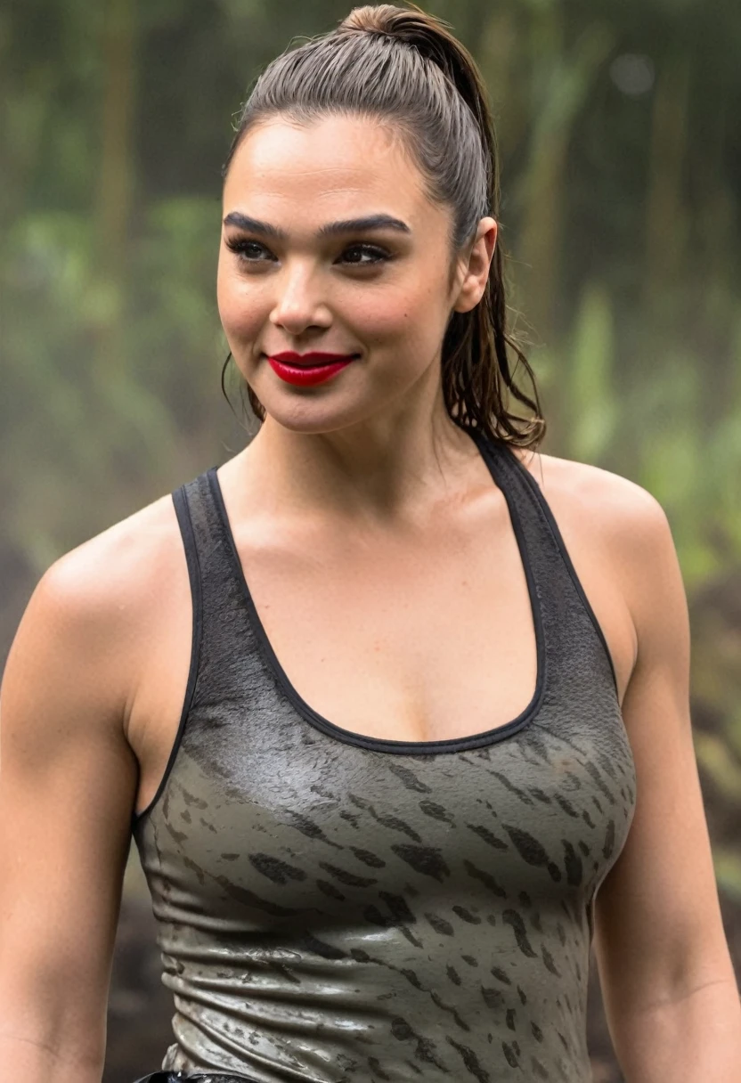 high quality Erotic shot of GalGadot as Hailee Steinfeld (hail33 woman, long brown hair, long brown hair pulled back, hair bun, smiling, lipstick,eyeshadow ) , cute smile, movie still , extremely long straight hair :1.5, The Walking Dead Series , she is wearing a transparent sweaty tank top , extremely wet hair ,standing , tanned skin , tight breast, erect nipples , cool wet apocalyptic area background , abs on belly, strong fit arms, , celebrity, female, woman, hollywood actress, random angle, erotic angles, random move, random action ,huge chest, deep cleavage ,seductive, tired woman, slight smile , fit muscular woman , depth of field, insanely detailed skin texture, hyper detailed features