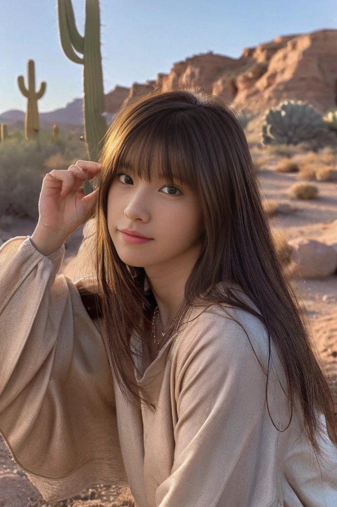 ((Highest quality)),((masterpiece)),((so beautiful)), Unique light and shadow, One Girl, Messy Hair, Realistic skin texture, rugged desert, Cactus, Feminine pose