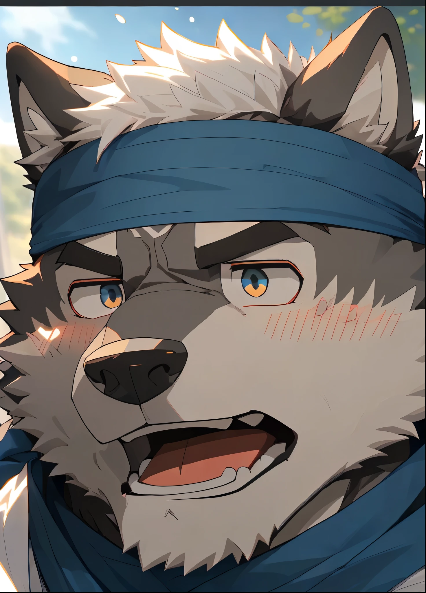 (masterpiece),(Very detailed),(best quality),hairy,Wolf,Dark black fur,white hair,Black eyebrows,Gray pupil,Muscular,(Japan samurai attire),((blue scarf)),((Brown headband)),(blush:1.1),((Stunned expression:1.3)),((Open your mouth)),(Shock),((Ultra HD close-up:1.4)),8K,(high quality),(Ultra high quality),(Super detailed),(Best Works)