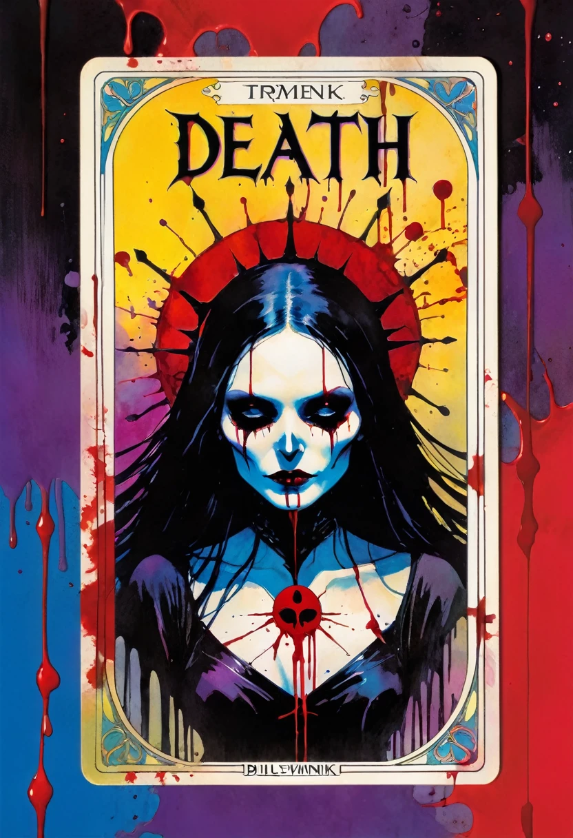 tarot card, a card, card : "DEATH", tarot card frame,vivid colors, blood splat (art inspired by Bill Sienkiewicz). text: DEATH