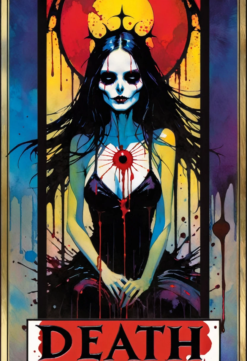 tarot card, a card, card : "DEATH", tarot card frame,vivid colors, blood splat (art inspired by Bill Sienkiewicz). text: DEATH