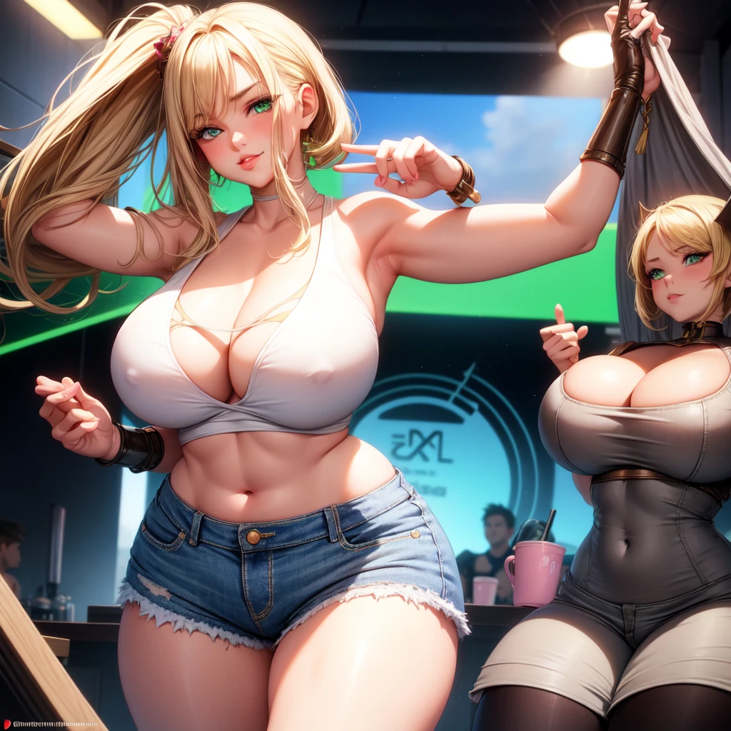 One girl, solo, Big round breasts, clevage, curvy body, realistic, blonde hair, light green eyes, amazing big eyes, eye details, eyebrow details, white crop top, denim skirt, big lips, blush, confident, dominant, bdsm, smirk, naughty, mischevious face, HD, good quality, crop top, curvy, standing up, lounge area