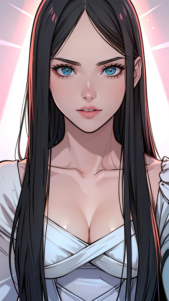 {imagem 8k}, 1bela mulher madura, 35 anos, nariz pontudo, fleshy lips, rosto triangular perfeito, cabelo grande com franja castanho, olhos verdes, olhar penetrante e sensual, {olhando diretamente para o espectador}, {voltado para frente}, {anatomia perfeita}, {imagem focada apenas no rosto}, {retrato do rosto}, fundo branco