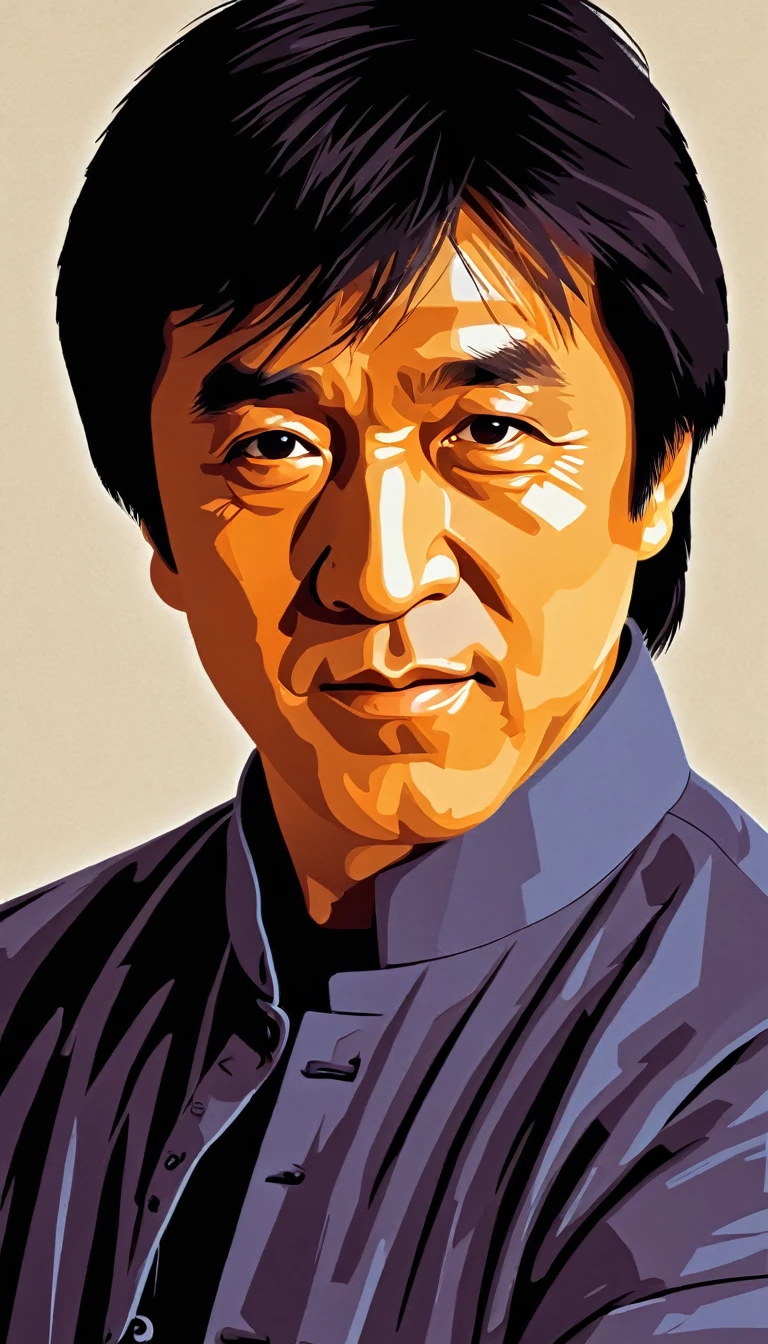 Vector art, vectorized, Jackie Chan , Vector art, close up portrait, minimalized, toned colors,