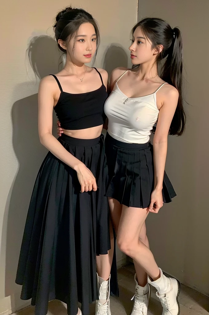 (large shins), (square-necked camisole), (white strapless DRESS), (Breasts tilting towards the upper chest), (Oversized T-shirt with excess fabric when tucked into a skirt), (Skirt full thigh), (knee-length outfit), (hair curled on both sides), (center shoes shot), ((full-body standing image)), (cover knee), (Scottish pleated skirt), (bare shoulders), (bare arms), twinsies、The ultra-detailliert, (cotton spaghetti-strap top), (cotton spaghetti-strap top), (cotton spaghetti-strap top), (cotton spaghetti-strap top), (long skirt), (A hem full flared skirt), (Hem full flared dress), (a girl pretty girl with perfect figure), (a photo of the night sky), (32K,1 20-year-old girl, The light from the rear room is backlit, Ray traching), (full body), (two-parted hair), (very thick hair), (Slender chest), (short upper chest), (pectoral muscles are large), (upper breasts are firm and round), (stand upright), (two shoe ends), (two shoe toes) ,(put on blush), (apply powder), (makeup), (standing), (asian girl princess), (Black non-reflective fabric for making skirt), (dark skirt), (thick thighs), (large calves), (large knees), (one-piece skirt), (seamless skirt), (long shins) , (big shins), (A hem full flared skirt), (Hem full flared dress), (A hem full flared skirt), (thighs meets knee), (black skirt), (black skirt), (black skirt), (black skirt), (knee gap), (knee gap), (knee gap), (Expose cleavage :1.3), (Scottish pleated midi skirt) (Super fine face and eyes), (Highly detailed face and skin texture, Detailed eyes, Double eyelid), (stading shot), (stading shot), , (Scottish pleated midi skirt), (Scottish pleated midi skirt), (knee-length outfit), (knee-length outfit), (knee-length outfit), (knee-length outfit), (Skirt full thigh), (Skirt full thigh), (white sneakers), (a pair of white leather boots, highly detailed boots), (Breasts curving upwards), (Breasts pointing upwards), (cotton spaghetti-strap top), (cotton spaghetti-strap top)